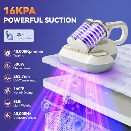 Mattress Vacuum Cleaner, 16Kpa Strong Suction Bed Vacuum Cleaner with 253.7nm UV-C Light & High Heating Tech & Brushroll Rotation & 0.7L Double Cup, Handheld Corded Vacuums for Pillow Crib Sofa Carpet