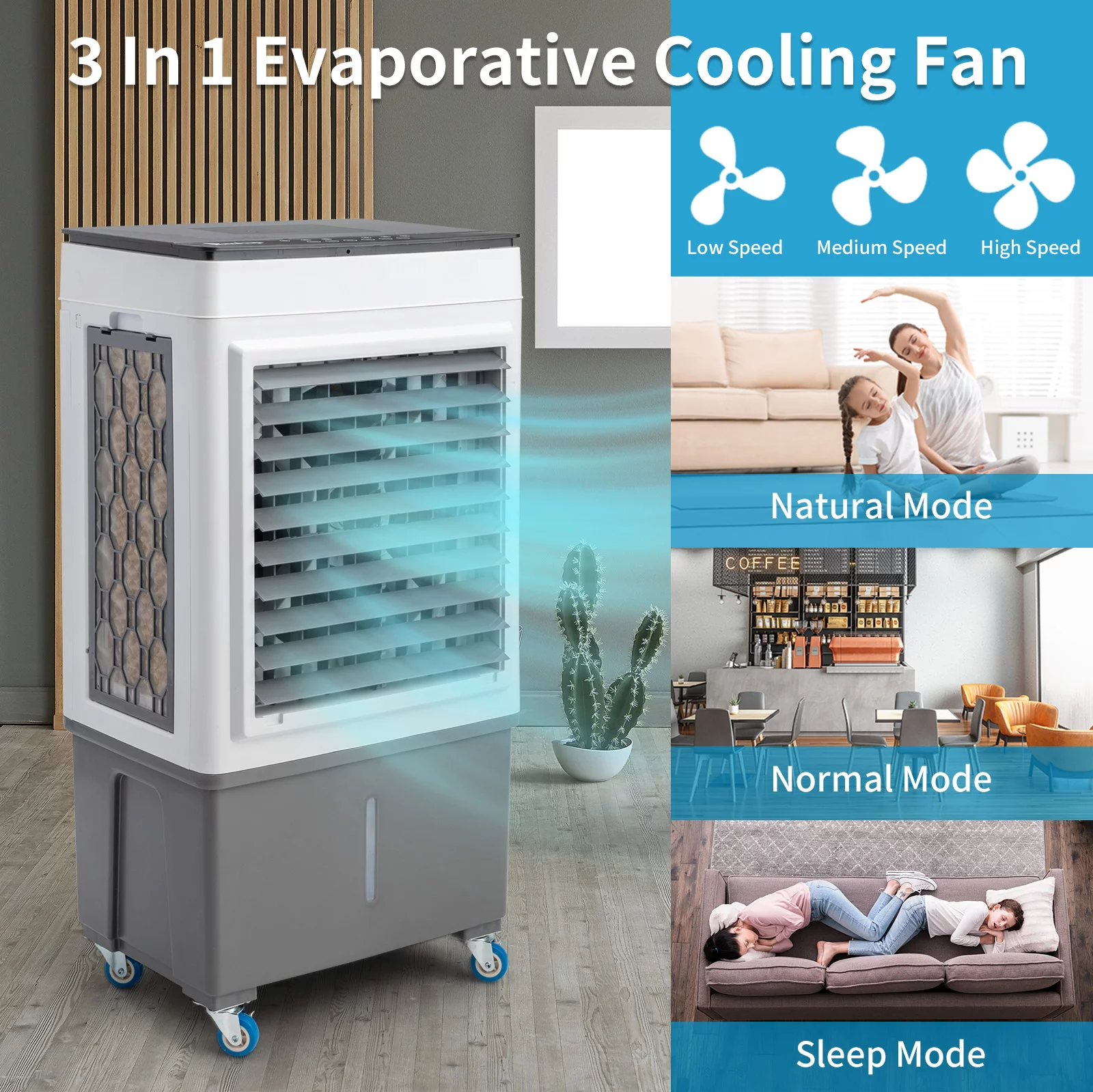 BTMWAY Evaporative Cooler, 3-IN-1 Portable Air Conditioner for Room, Swamp Cooler Fan Portable Air Conditioner with Remote Control, 3 Modes, 3 Speeds, 8 H Timer, 40L Water Tank, Gray