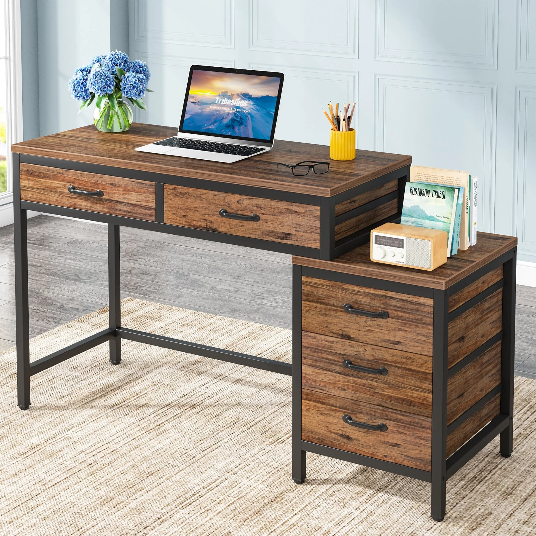 Reversible Computer Desk with 5 Drawers, Home Office Desk with File Cabinet Drawer Printer Stand Rustic Brownn