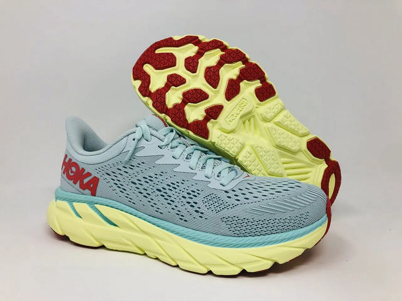 HOKA Women's Clifton 7 Running Shoes, Morning Mist/Hot Coral, 9.5 D(W) US