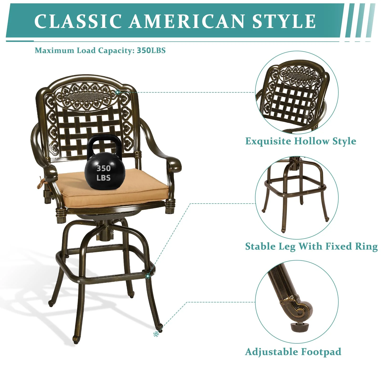 MEETWARM 2 Piece Outdoor Patio Swivel Bar Stools, All-Weather Cast Aluminum Bar Height Bistro Chairs with Cushions, Outdoor Furniture Bar Dining Chair Set for Garden Deck Backyard, Dark Bronze