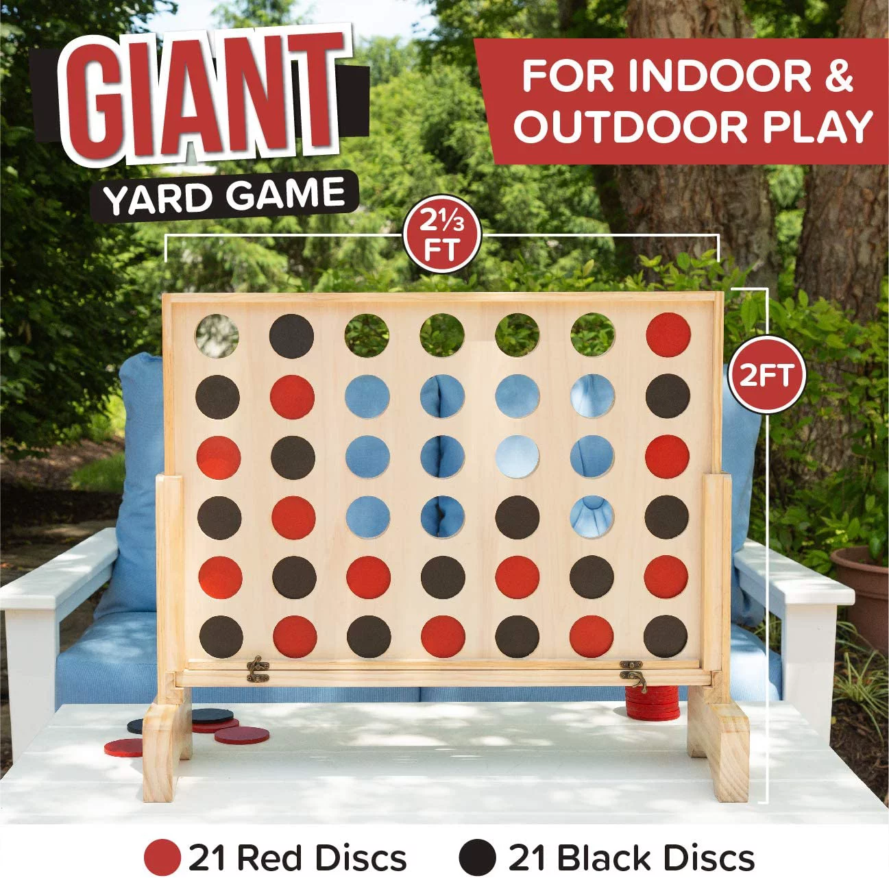 Giant Wooden 4 in a Row Game - Drop Four Connect Board Game Outdoor Game with Coins, Case and Rules