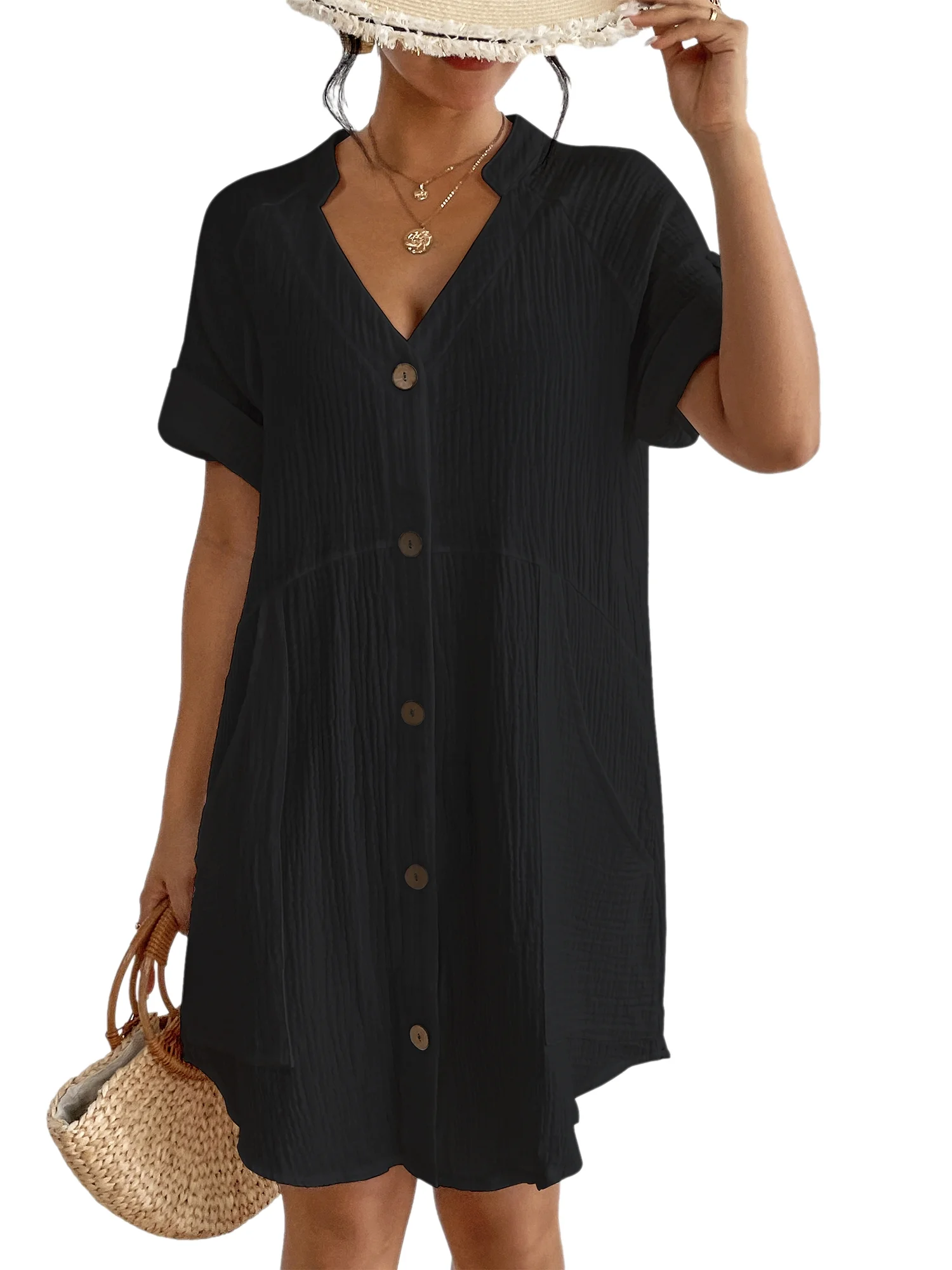 Bsubseach Women Bathing Suit Cover Up Black Button Down Swimwear Coverups V Neck Beachwear