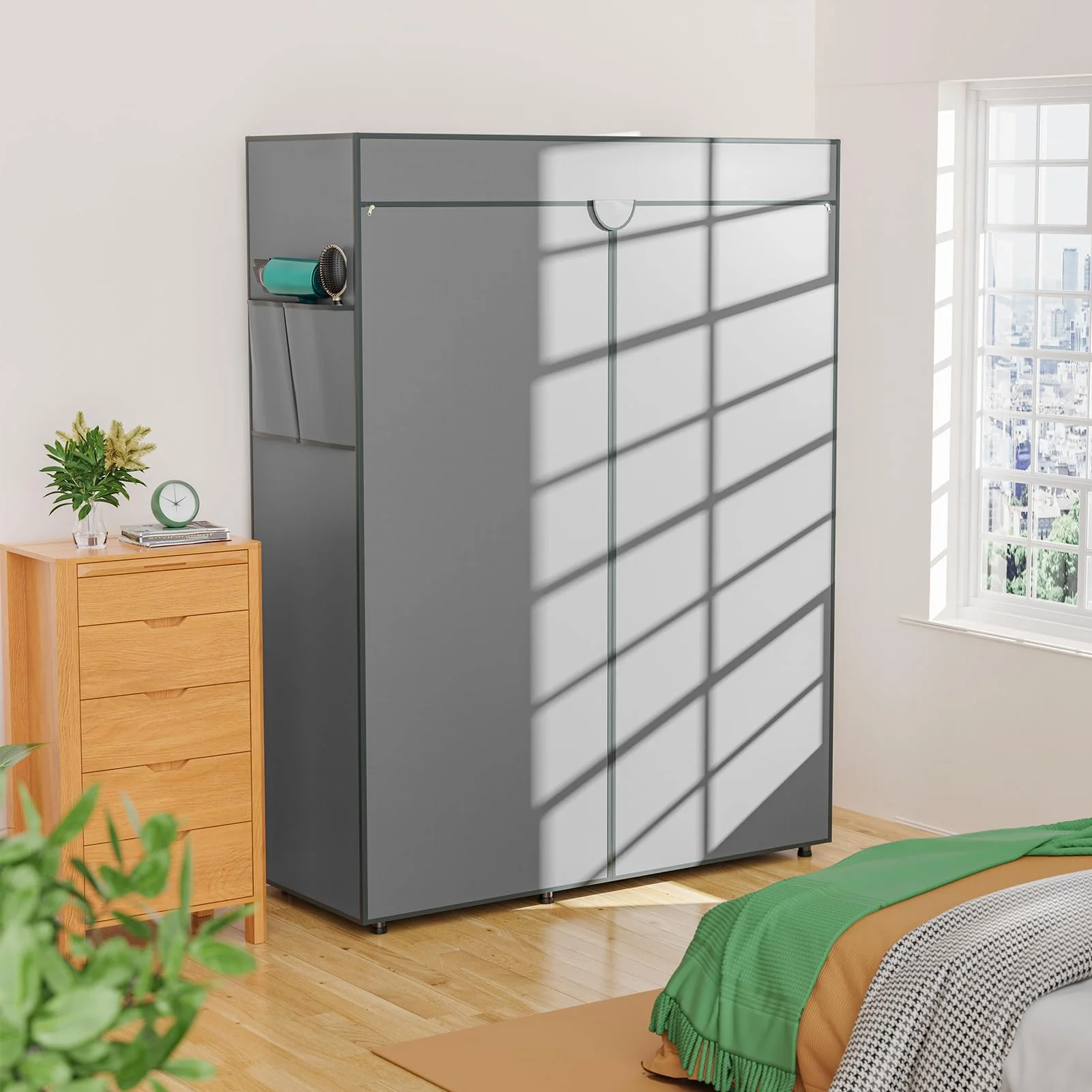 LEHOM G3C Heavy Duty Covered Clothes Rack, Garment Rack for Hanging Clothes with Shelves, Freestanding Clothing Rack with Grey Oxford Fabric Cover, Adjustable Portable Wardrobe Closet for Bedroom