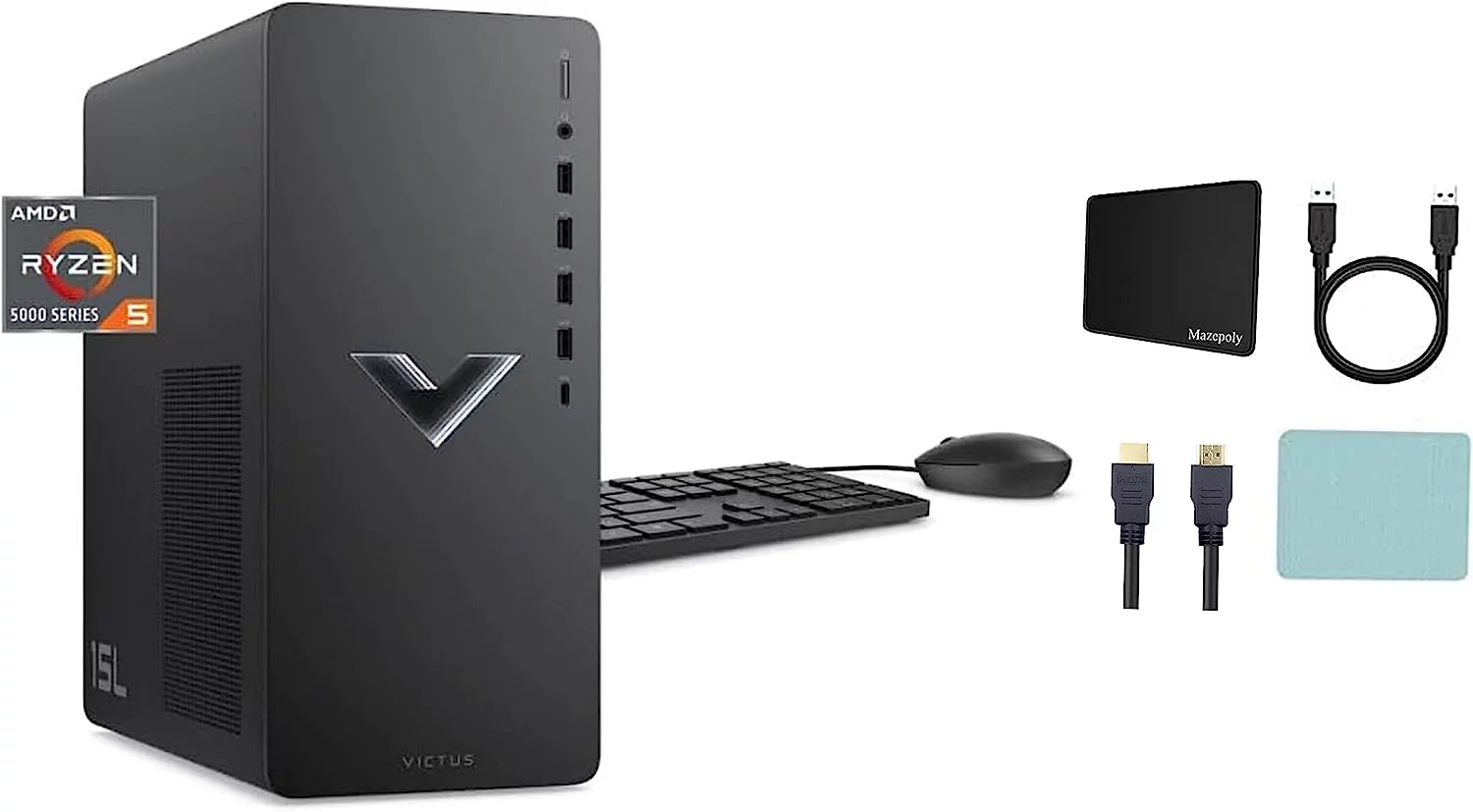 HP Victus 15L Gaming Desktop PC, AMD Ryzen 5 5600G, AMD RX6400 Graphics, 64GB RAM, 2TB SSD, Mica Silver, Windows 11 Home + Mazepoly Accessories