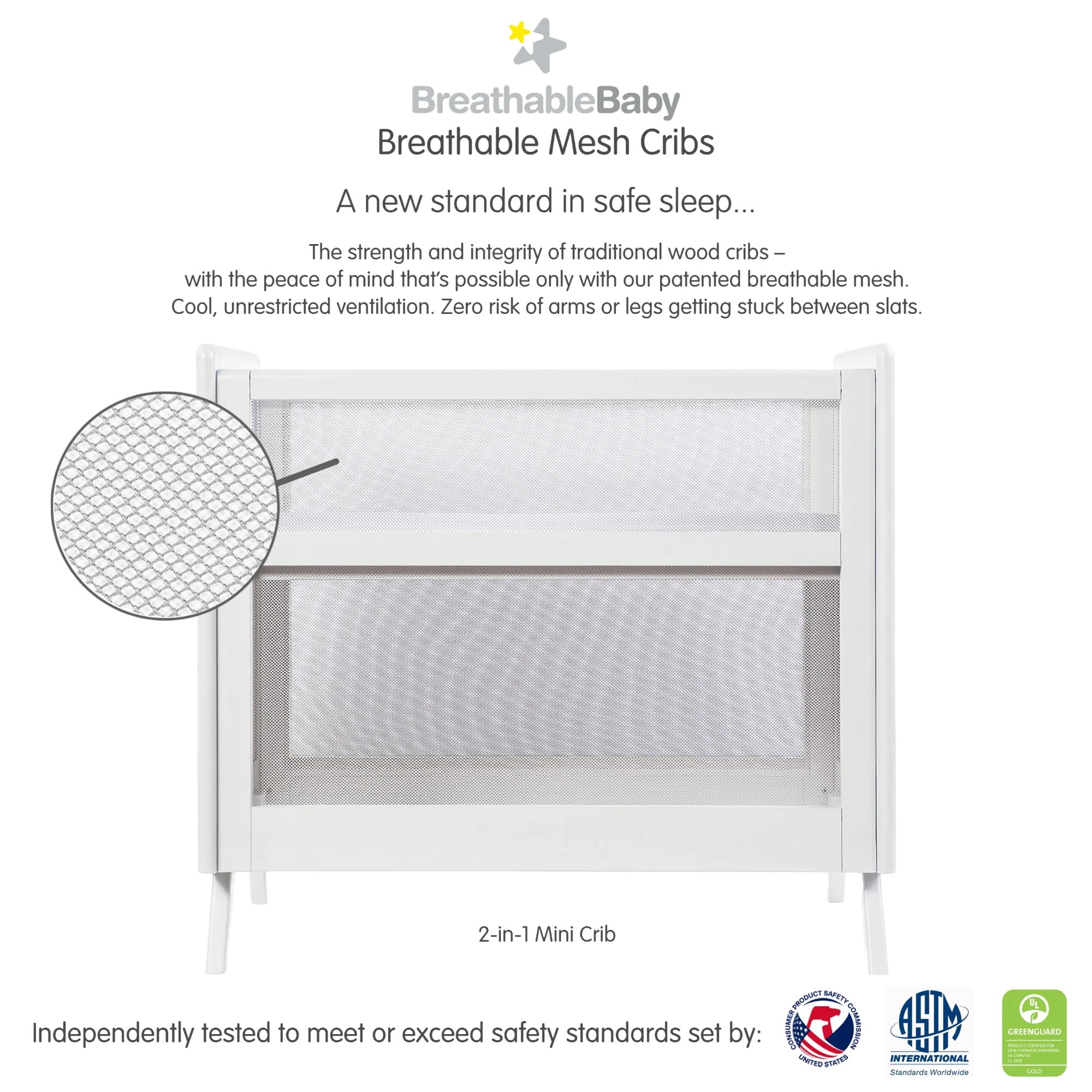 BreathableBaby 2-in-1 Breathable Mesh Mini Crib with Mattress – White