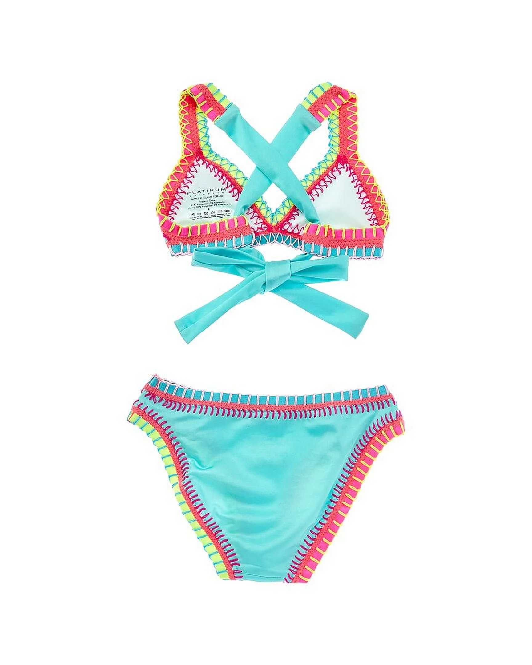 PilyQ girls  2pc Rainbow Embroidered Bikini Set, 4, Blue