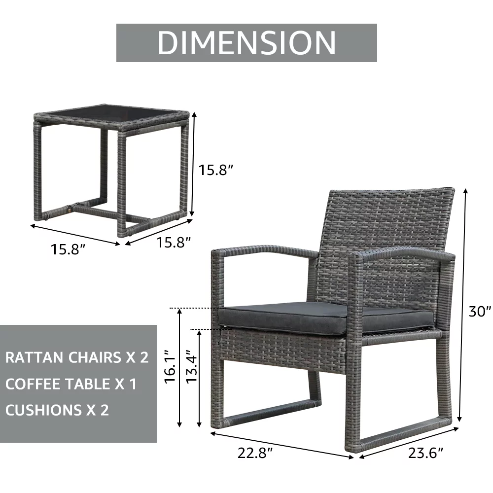 3 Piece Patio Furniture Set, Outdoor Wicker Conversation Bistro Set Balcony Chair Sets with Coffee Table for Yard, Porch, Lawn, Poolside, Dark Gray