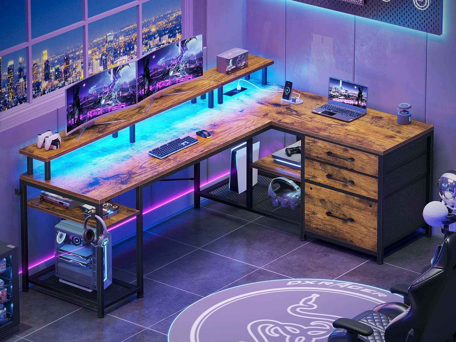 L Shaped Computer Desk with LED Lights and Power Outlet, 55.5” Reversible Home Office Desk with Fabric Drawers, Rustic Brown