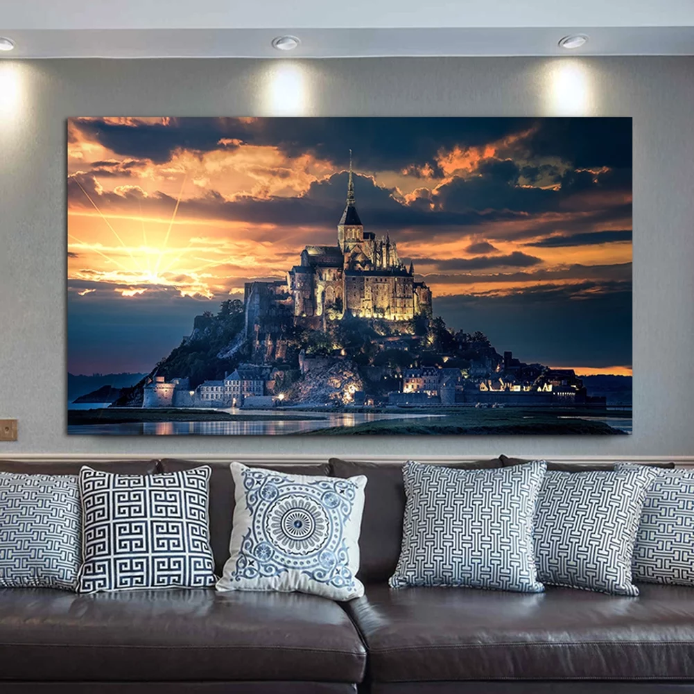 Large Framed Le Mont-Saint-Michel Wall Art Mont Saint Michel Wall Decor Scenery Painting For Livingroom Bedroom Decoration Framed Painting Ready to Hang