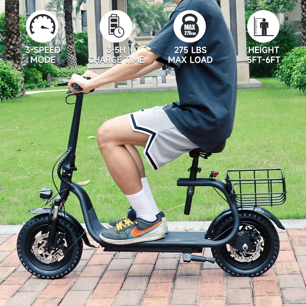 Adult Electric Scooter with Seat & Carry Basket, New Upgraded 500W 36V Up to 19 Mph- LCD Display-Moped for Adults-Foldable-Oversized Soft Seat-Dual Shock Absorption E-Bike