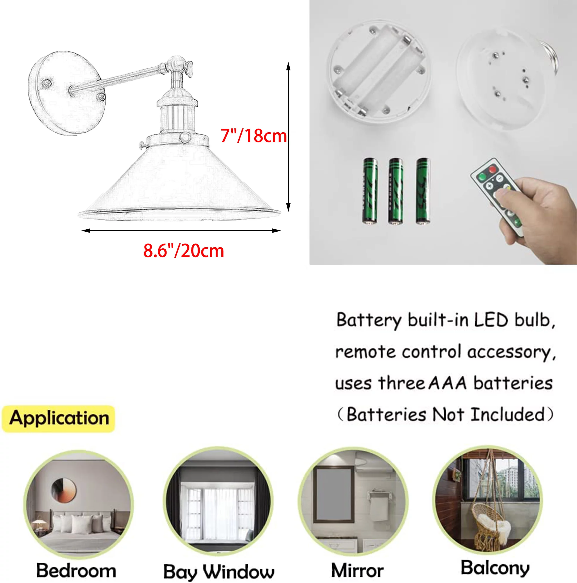 FSLiving 2-Lights 100 Lumens Led Remote Control Battery Run Cordless Lamp Dark Green Wall Sconce Light Fixture for Bedroom Bathroom Wall Decor- Easy Installation, Dimmable,Battery Not Included
