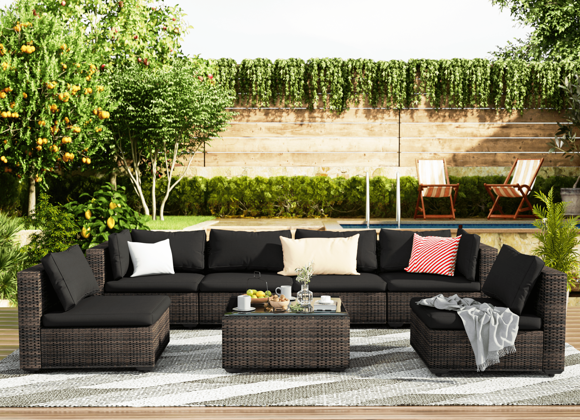 Grezone 7 Patio Outdoor Furniture Wicker Sectional Sofa Couch Lawn Sectional, Black