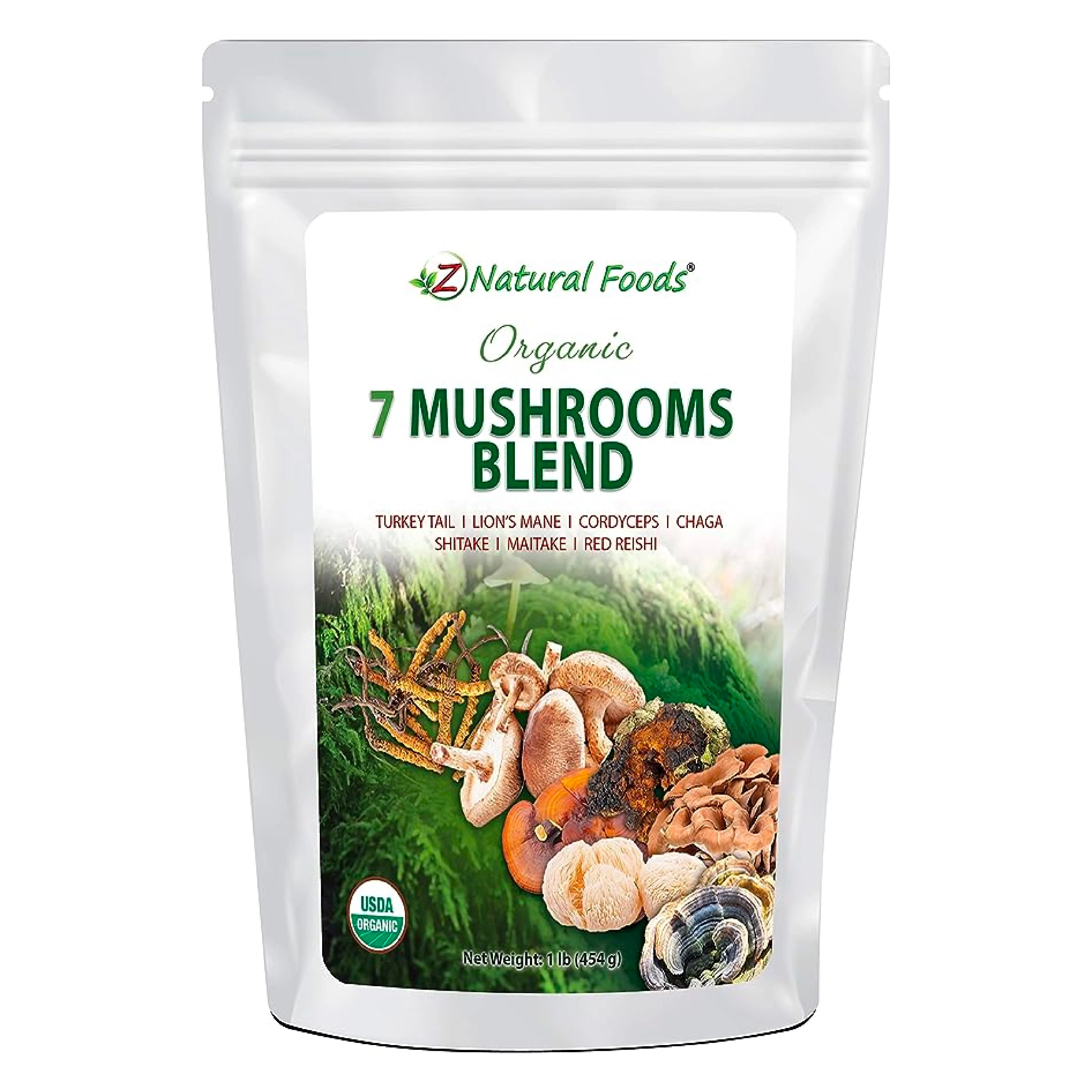 Z Natural Foods Organic 7 Mushroom Supplement with Lion’s Mane, Cordyceps, Chaga, Red Reishi, Shiitake, Maitake and Turkey Tail Mushrooms, Non-GMO Mushroom Supplement, 1 lb
