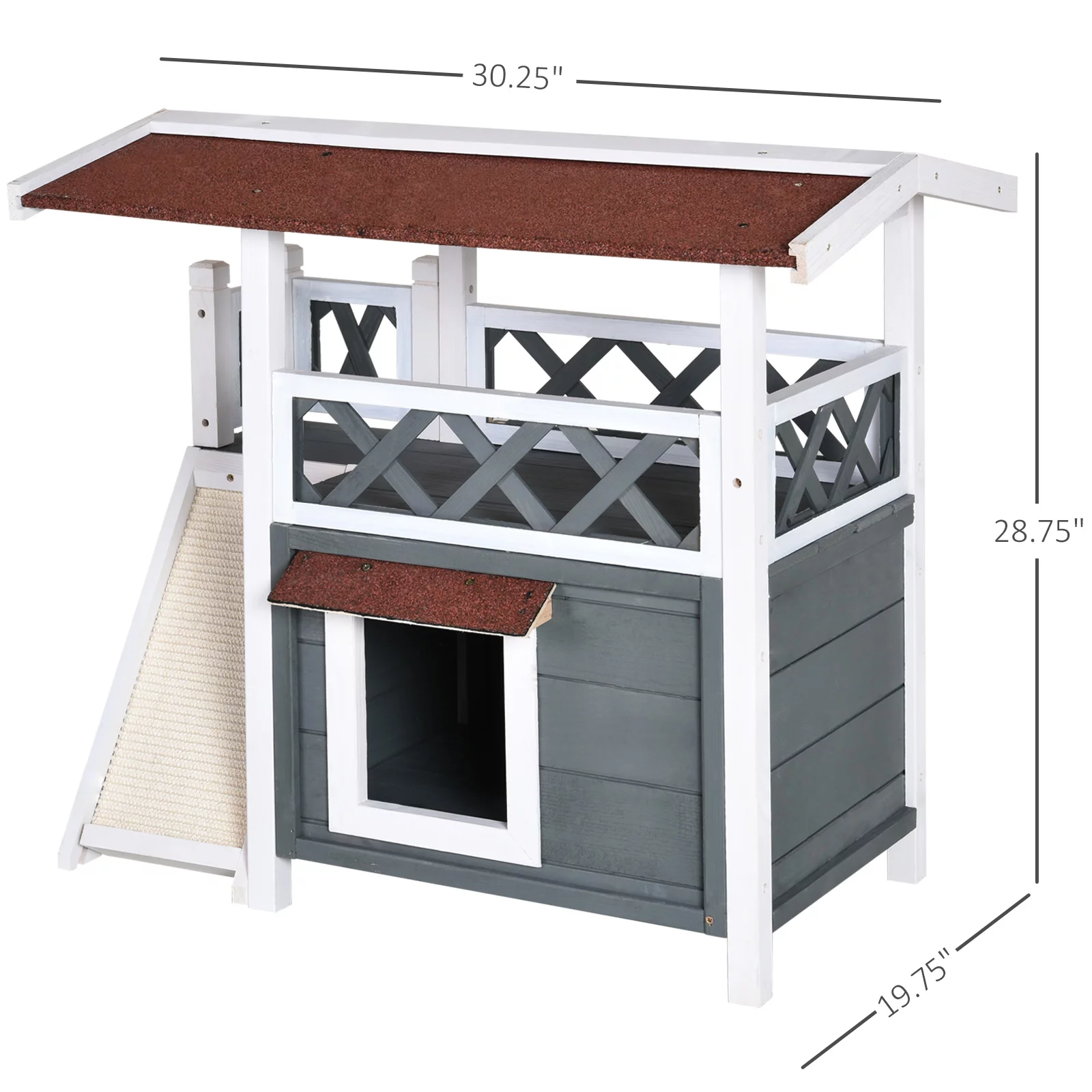 Pawhut 2-story Cat House Wood Shelter with Condo Sisal Ramp, Gray