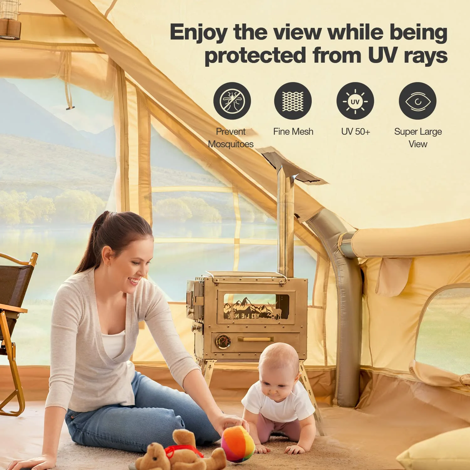 Richryce Inflatable Camping Tent with Pump, 129 SFT Cabin Tent, 4-6 Person Glamping Tents, Waterproof Windproof Outdoor Cotton Tent with Carrying Bag