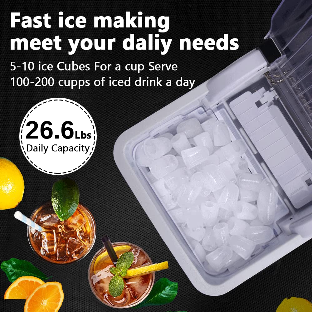 Joy Pebble Bullet Ice Maker Countertop, Efficient Ice Maker Machine, 26Lbs/24Hrs, Bullet Ice 9 Cubes Ready in 8 Mins, Portable Ice Maker with Ice Scoop/Basket for Home/Kitchen/Office/Bar,Black