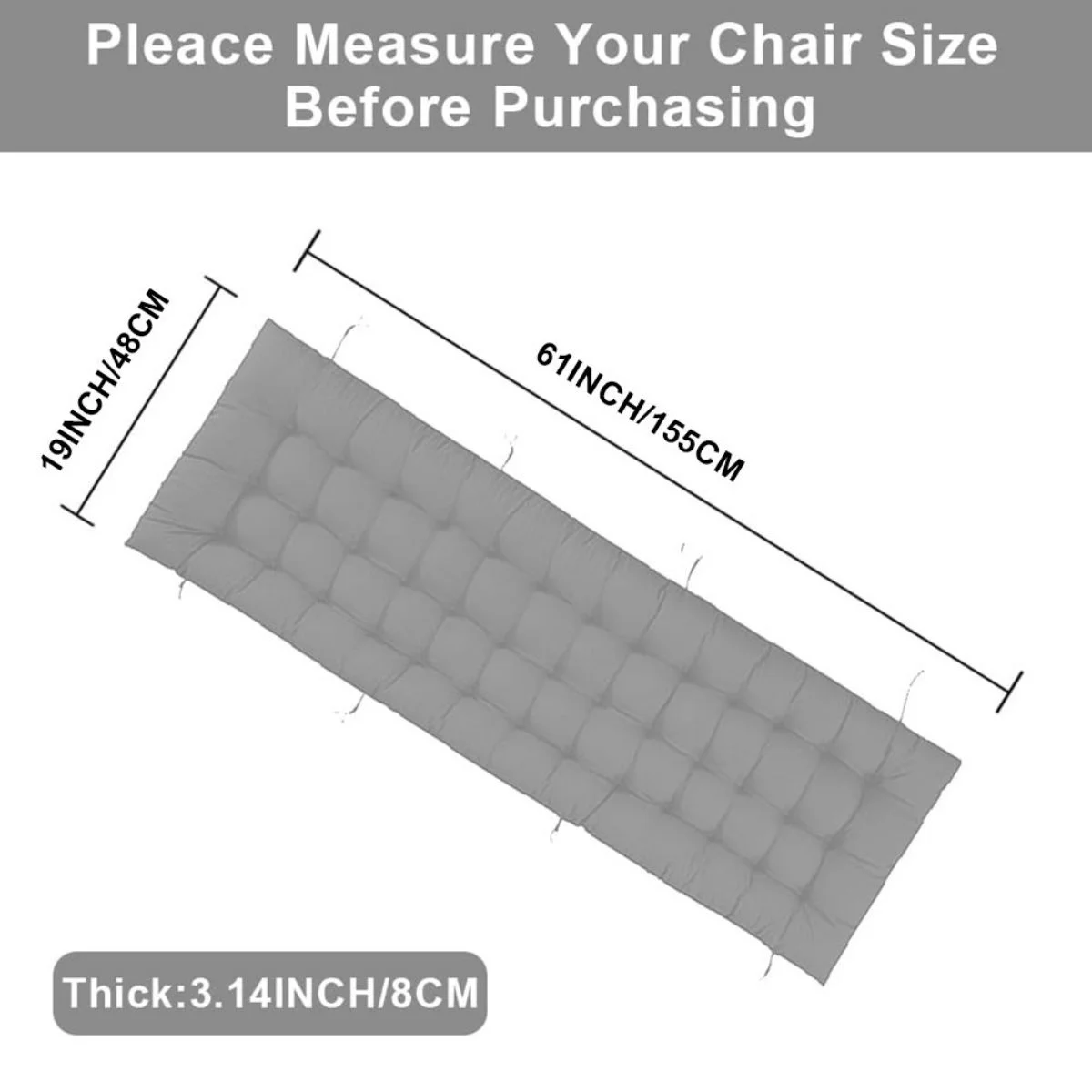 WSYW 61in Patio Lounger Cushion Thicker Padded Chaise Bench Cushion for Outdoor Indoor Home Gray