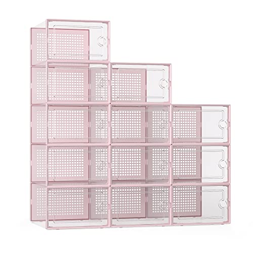 Kuject X-Large Shoe Storage Boxes Organizers Clear Plastic Stackable 12 Pack, Shoe Rack & Holder Substitute, Sneaker Containers, Toy Storage Organizer Bins for Entryway, Closet, Under Bed, Black