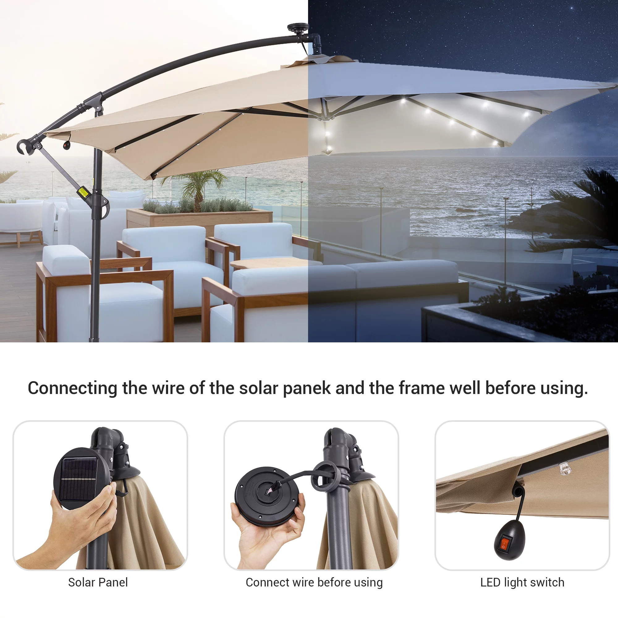 Sonerlic 8.2 x 8.2ft LED Outdoor Patio Offset Hanging Umbrella with a Base for Yard, Poolside and Deck, Sand