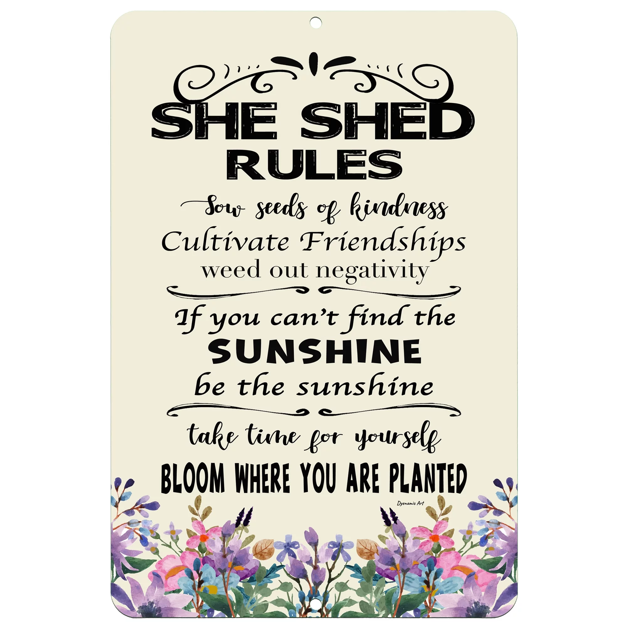 Dyenamic Art She Shed Rules Metal Sign Yellow Aluminum Garden Decor 12”x18