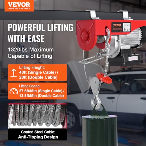 VEVOR Electric Hoist, 2200 lbs Lifting Capacity, 1600W 110V Electric Steel Wire Winch with Wireless Remote Control, 40ft Single Cable Lifting Height & Pure Copper Motor, for Garage Warehouse Factory