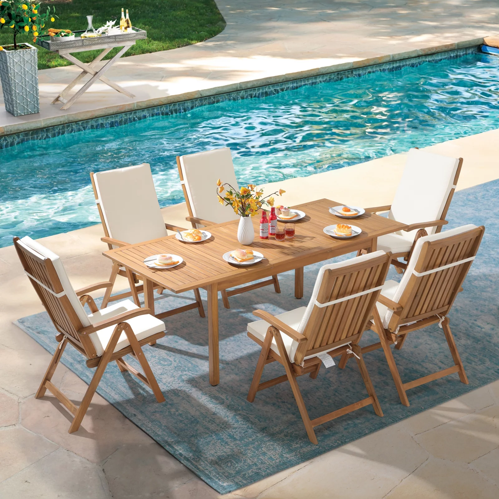 OC Orange-Casual 7 Piece Patio Dining Set, Outdoor Acacia Wood Furniture Set, Extendable Rectangular Table and 6 Foldable Reclining chairs w/Removeable Cushion, FSC Certified, for Deck Garden Backyard