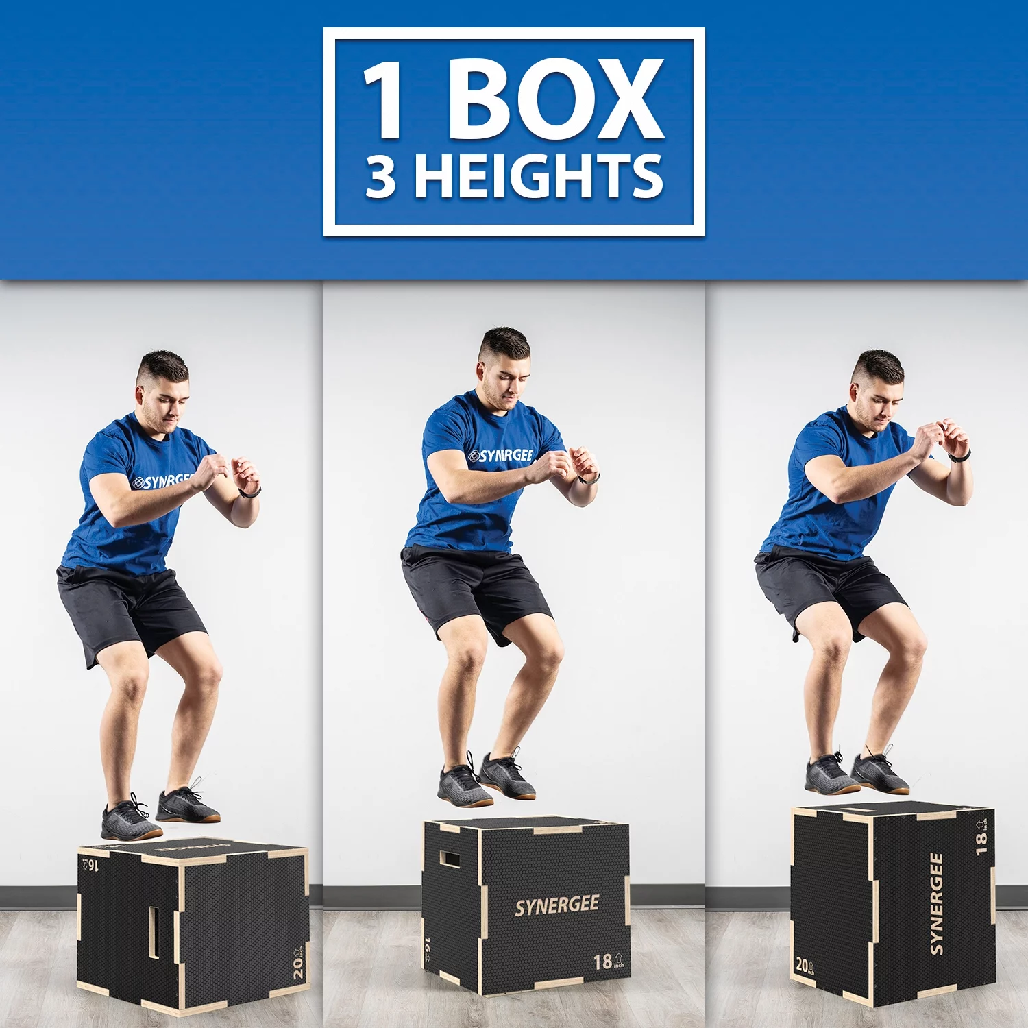 Synergee 3 in 1 Non-Slip Wood Plyometric Box for Jump Training and Conditioning 20/18/16