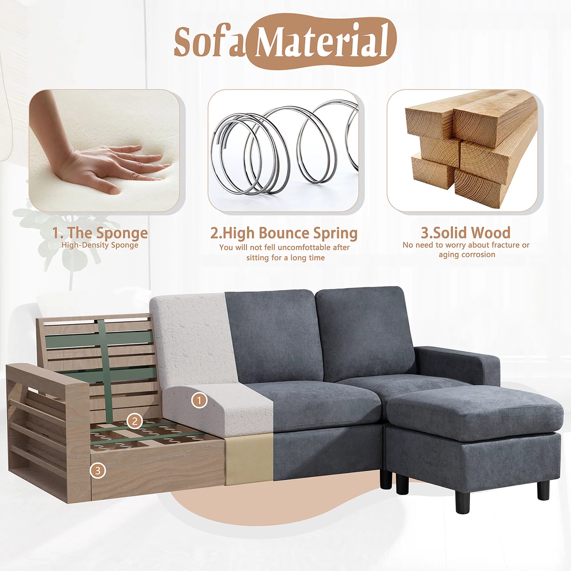 Convertible Sectional Sofa Couch with Storage Ottoman, L-Shaped Wide Reversible Chaise with Linen Fabric(Deep Grey)