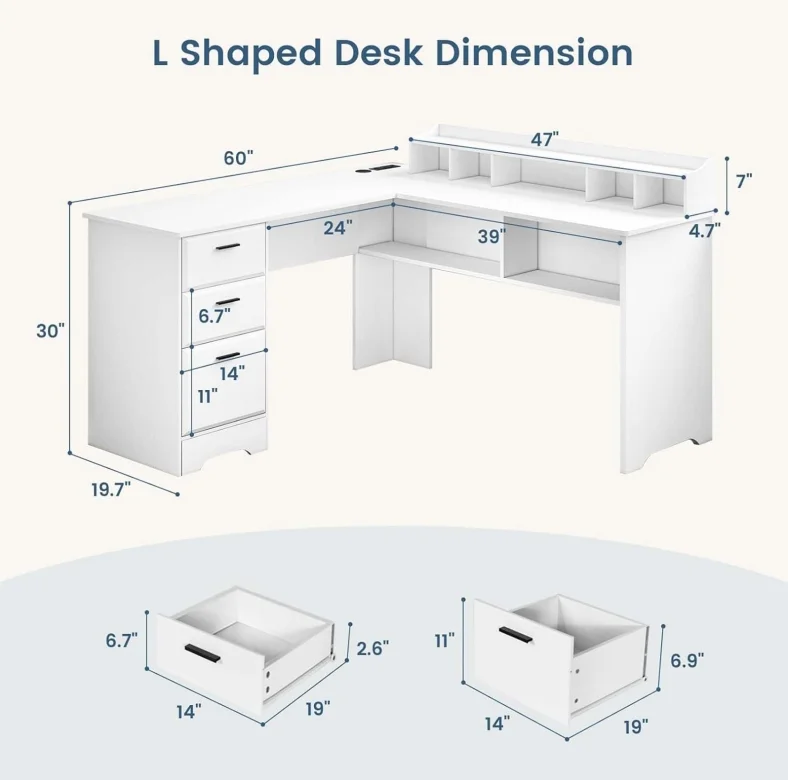 Desk Desk, white L-shaped, home executive desk, work desk, bedroom computer desk, writing desk, executive corner with file cabinet