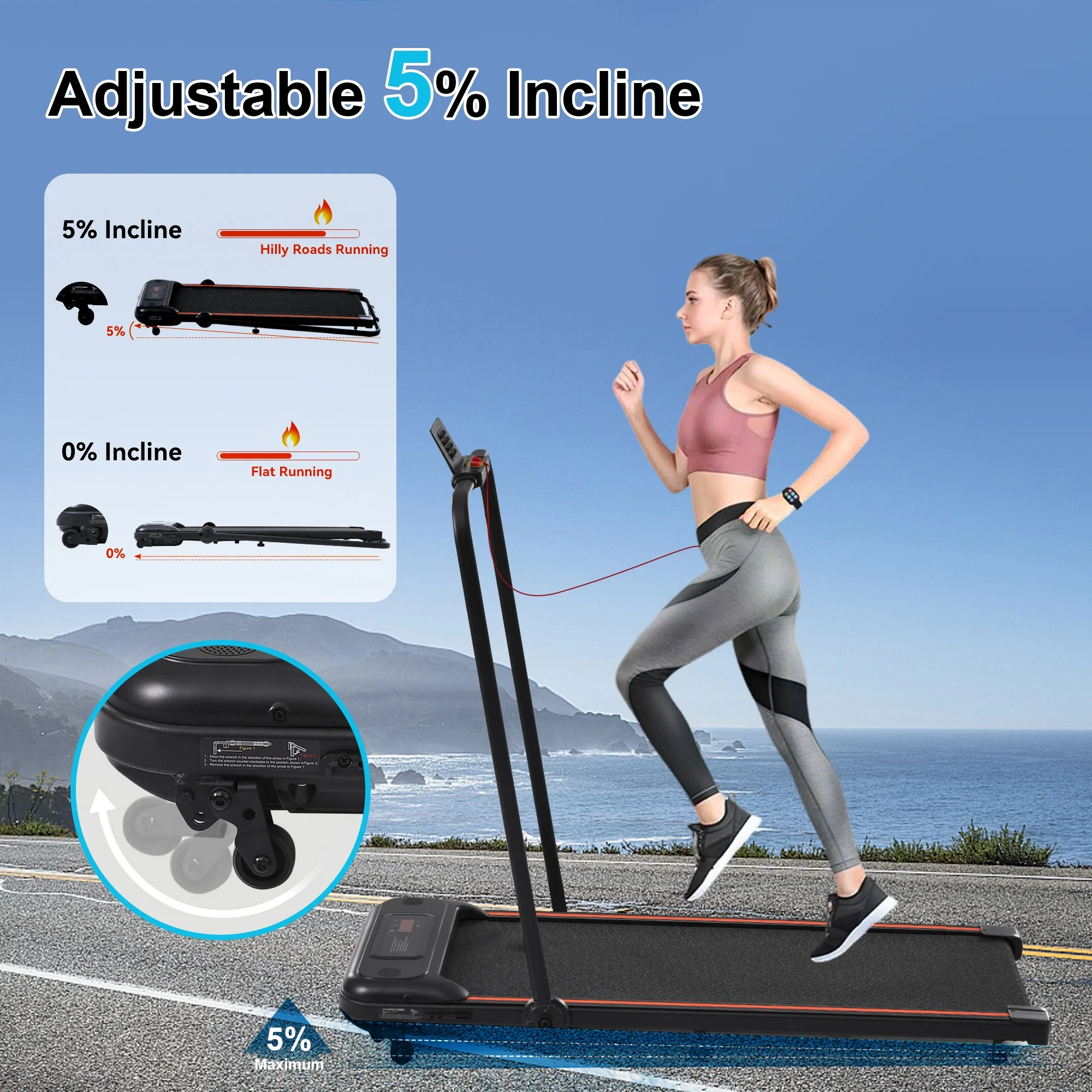 Aukfa 2 in 1 Folding Treadmill, Under Desk Treadmill with Incline Walking Pad, Wristband Control, 7.5mph Max Speed, 265 lb Capacity