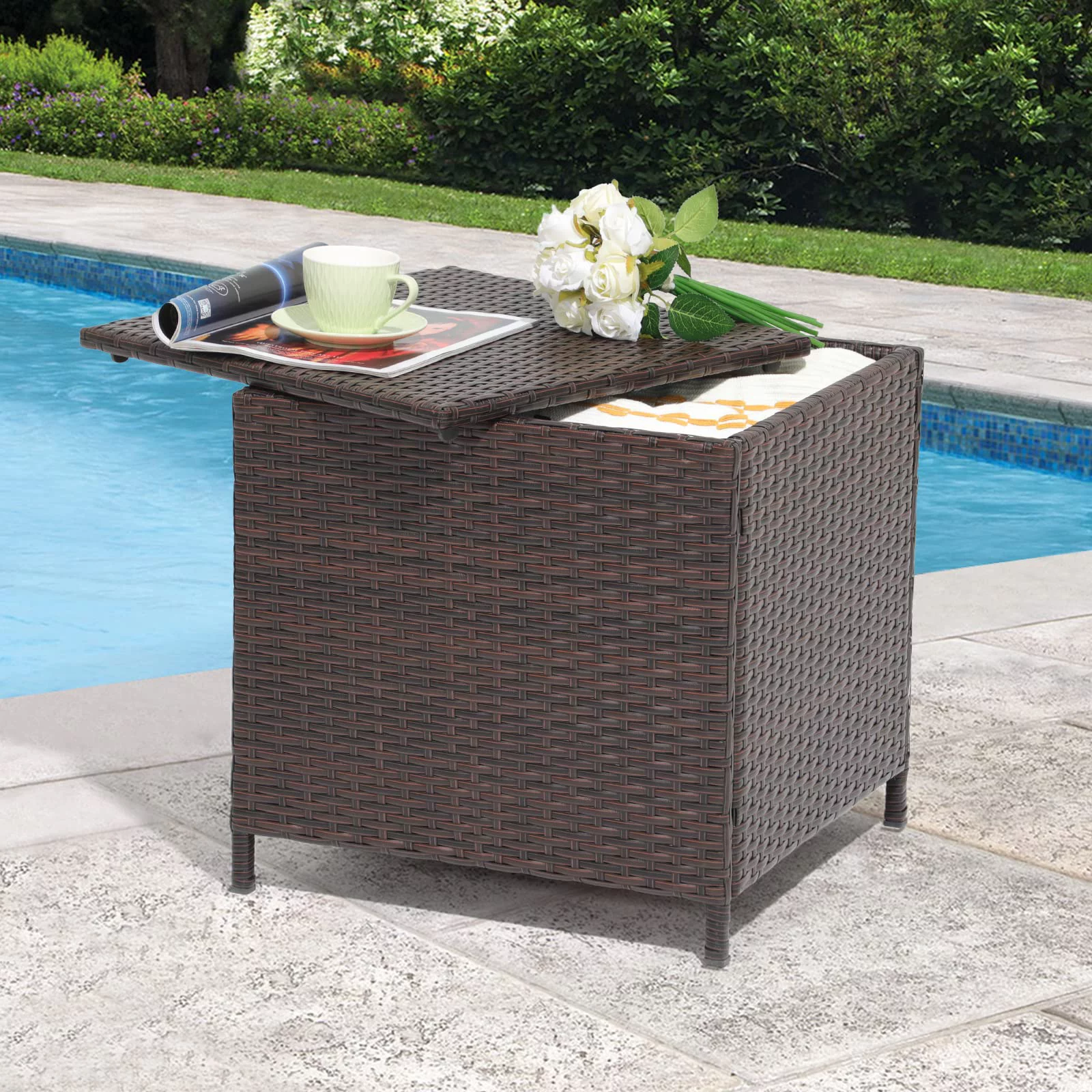 Outdoor Wicker Side Table, All-weather Rattan Small Storage Box End Table, Square Resin Coffee Table with Iron Frame for Garden Porch Deck Living Room Backyard, Brown