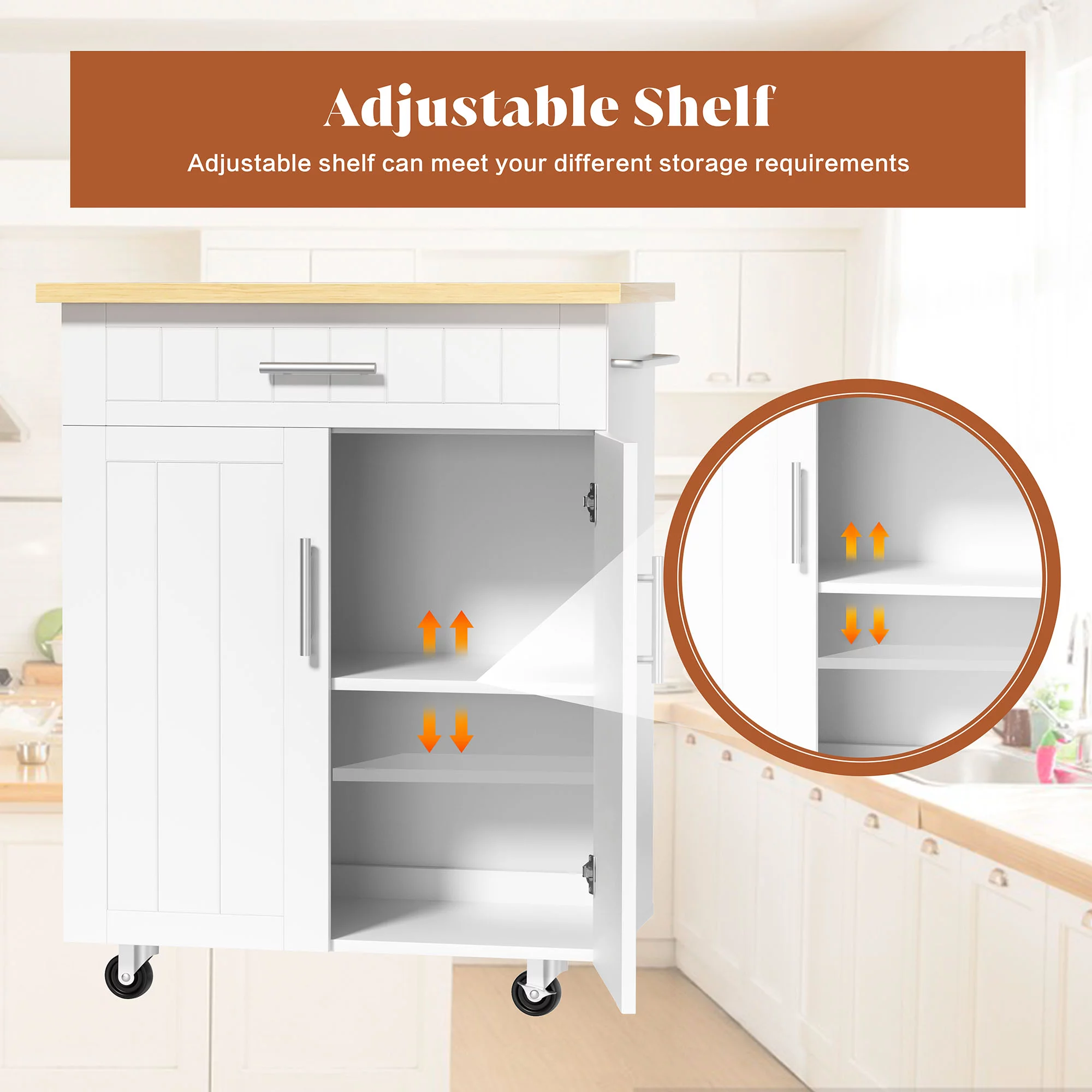 Walsunny Kitchen Island on Wheels with Storage, Kitchen Cart with Drawer and Countertop, 2 Doors Storage Cabinet for Dining Room Living Room, White