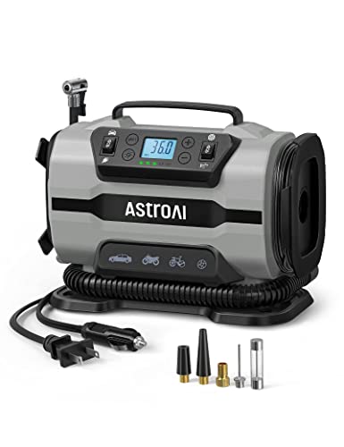 AstroAI Tire Inflator Portable Air Compressor for Car Tire Pump 150PSI 12V DC/110V AC with Dual Metal Motors &LED Light，Automotive Car Accessories&Two mode for car, bicycle tires and air mattresses.
