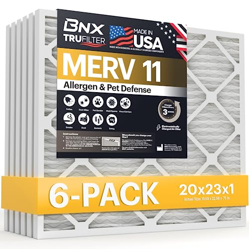 BNX TruFilter 20x20x1 Air Filter MERV 11 (6-Pack) - MADE IN USA - Allergen Defense Electrostatic Pleated Air Conditioner HVAC AC Furnace Filters for Allergies, Dust, Pet, Smoke, Allergy MPR 1200 FPR 7