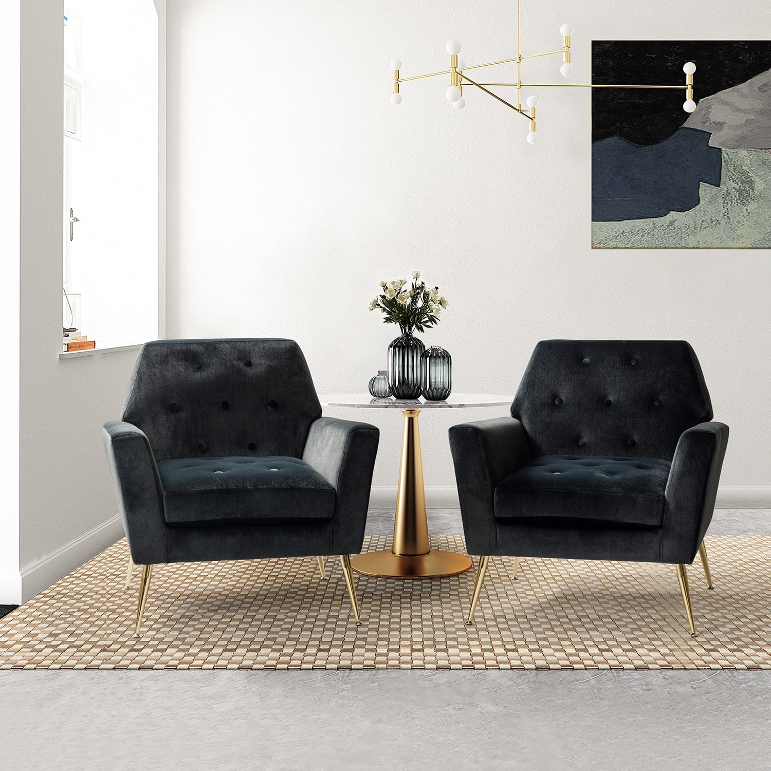 Upholstered Velvet Armchair Set of 2 Lounge Accent Chair Tufted Back Metal Legs Bedroom Black