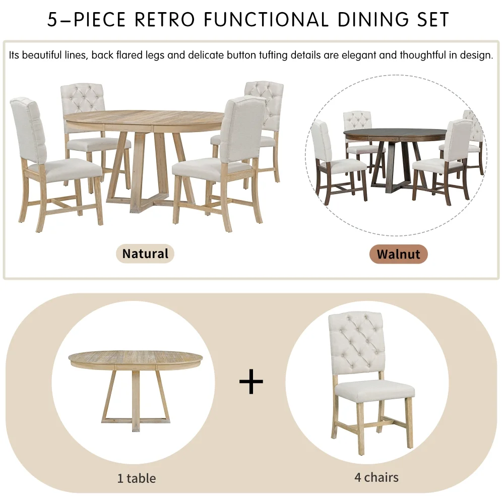 5-Piece Retro Functional Dining Set, Round Table with a 16