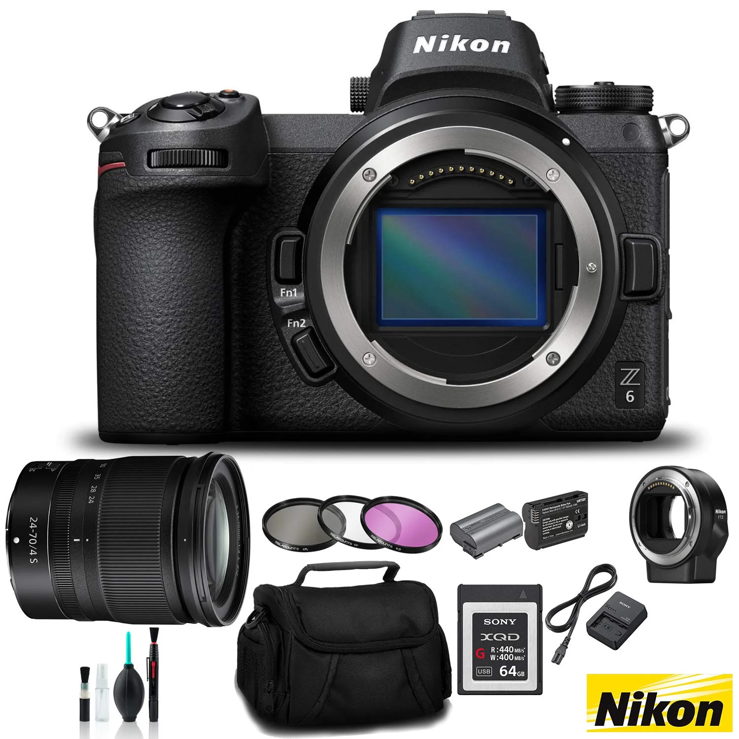 Nikon Z 6 Mirrorless FX-Format Digital Camera with 24-70mm Lens and FTZ Mount Adapter Kit - Bundle64GB Memory Card + EN-EL15 Li-on Battery + External Rapid Charger and MORE- Intl Version