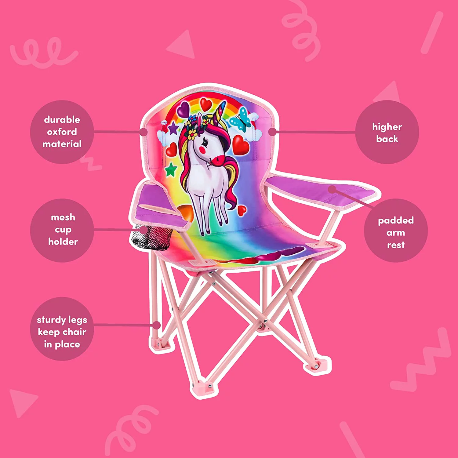 Toy To Enjoy Outdoor Unicorn Chair for Kids Foldable Children’s Chair for Camping, Tailgates, Beach, Fishing, – Portable Carrying Bag Included Mesh Cup Holder & Sturdy Construction. (Small, Unicorn)