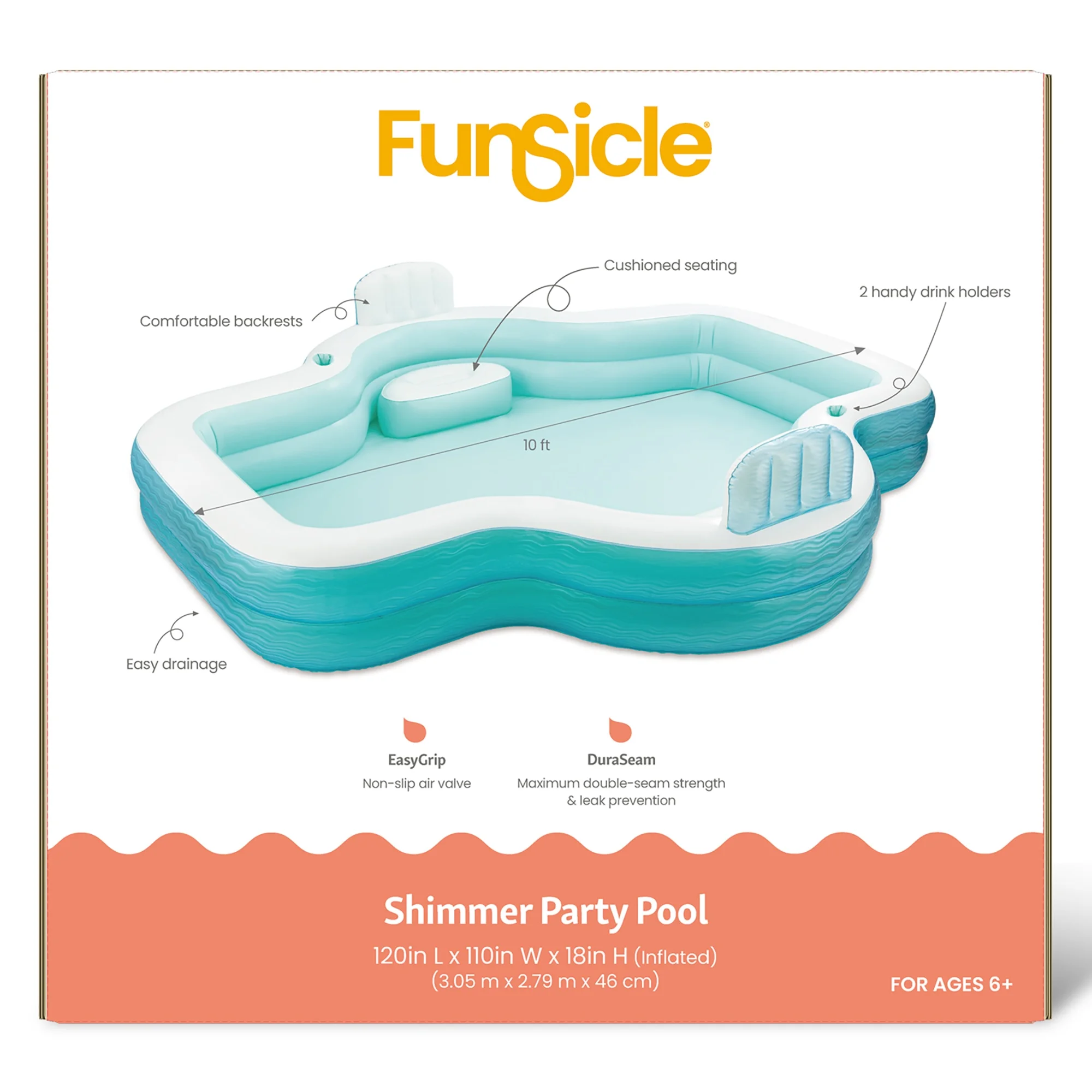 Funsicle: Shimmer Party Pool - 10ft Inflatable Lounge Pool, Teal & White, 120x110x18