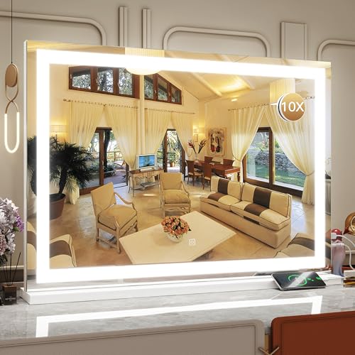 Vanity Mirror Makeup Mirror with Lights, Large Lighted Vanity Mirror, Light Up Mirror with Smart Touch 3 Colors Dimmable, Tabletop Mirror for Makeup Desk, 360° Rotation, 22