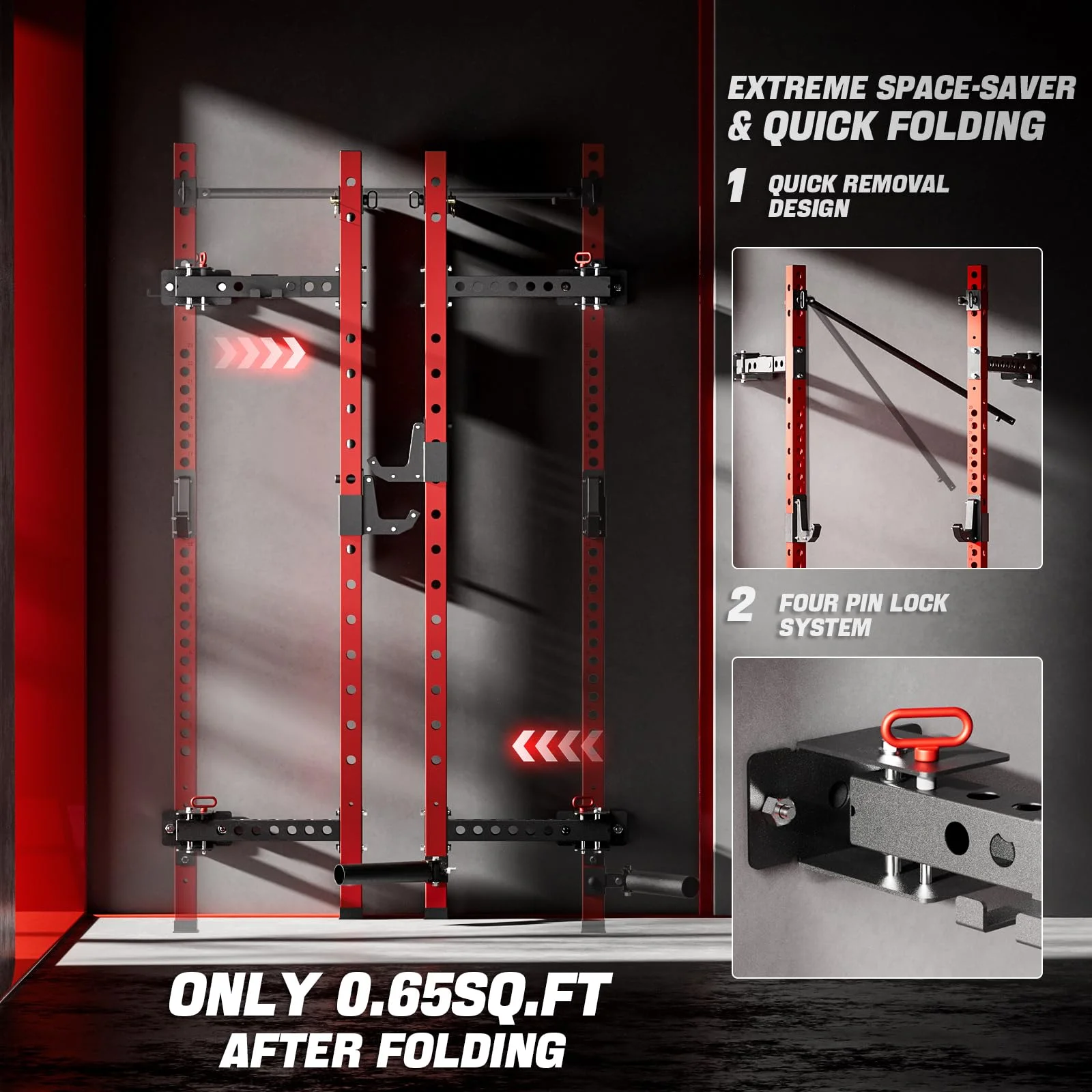 Eisenlink Foldable Power Cage, 1000LBS Capacity Wall Mounted Squat Rack with Quick Remove Pull-Up Bar, J-Hooks, Landmine, Space-Saving Home Gym (Upgraded Rack, Red)