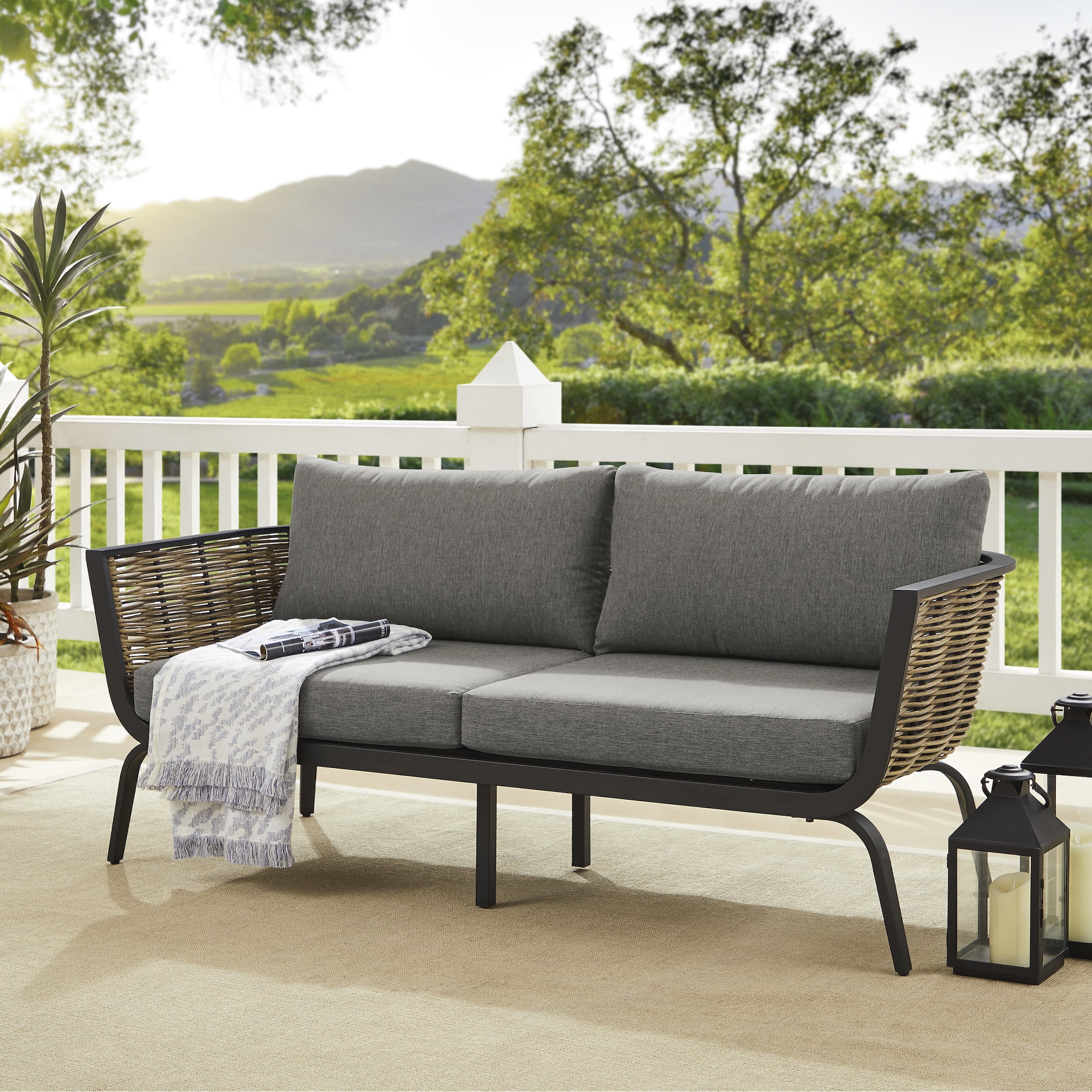 Linon Ferren Outdoor Loveseat, Black with Dark Gray