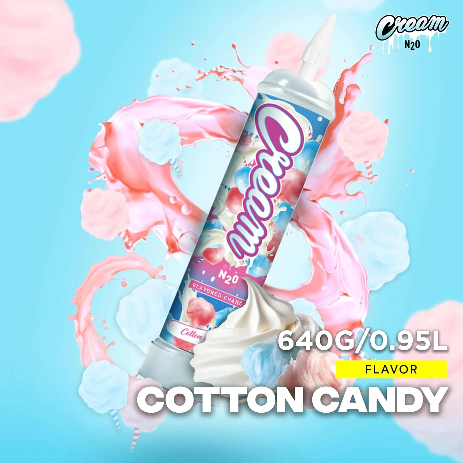 CREAM N2O Nitrous Oxide Whipped Cream Charger (Cotton Candy, 1pc, 640g 1.1L) - Nitrous Tank Whip Cream Charger, Nitrous Oxide Canister, Whip It N20 Whipped Cream Chargers, Whippets Nitrous Oxide Tank