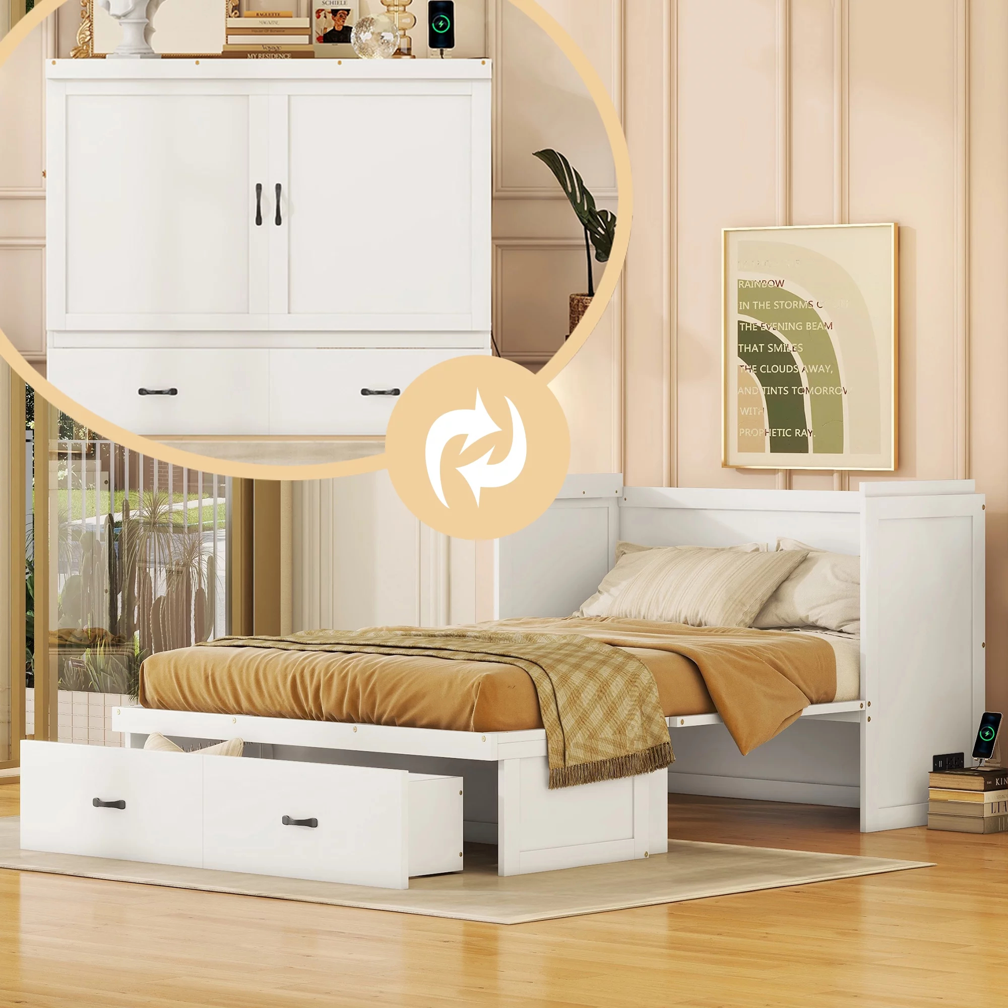 Bellemave Full Size Murphy Bed, Solid Wood Full Murphy Cabinet Bed with USB Port, Easy Fold Modern Murphy Beds with 2 Storage Drawers for Guest Room Home Office (Full,White)