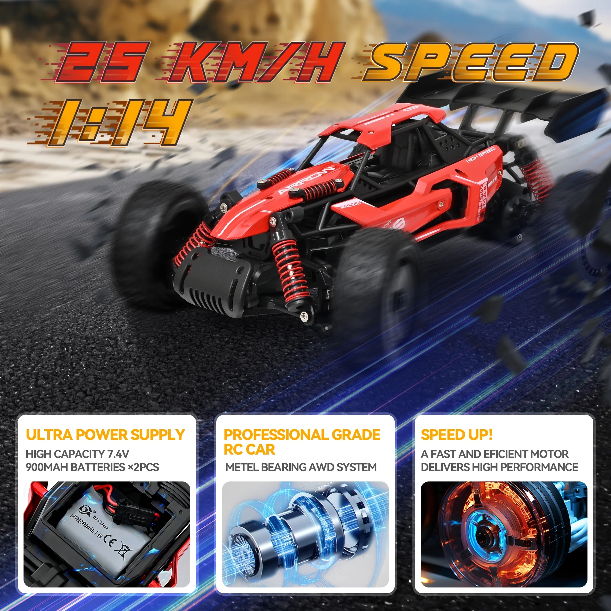 Remote Control Car - 1:14 Alloy High Speed Fast RC, 25 KM/H RC Racing Cars, RC Drift Car for Kids Adults , Off Road Variable-Speed Vehicle with 2 Rechargeable Battery