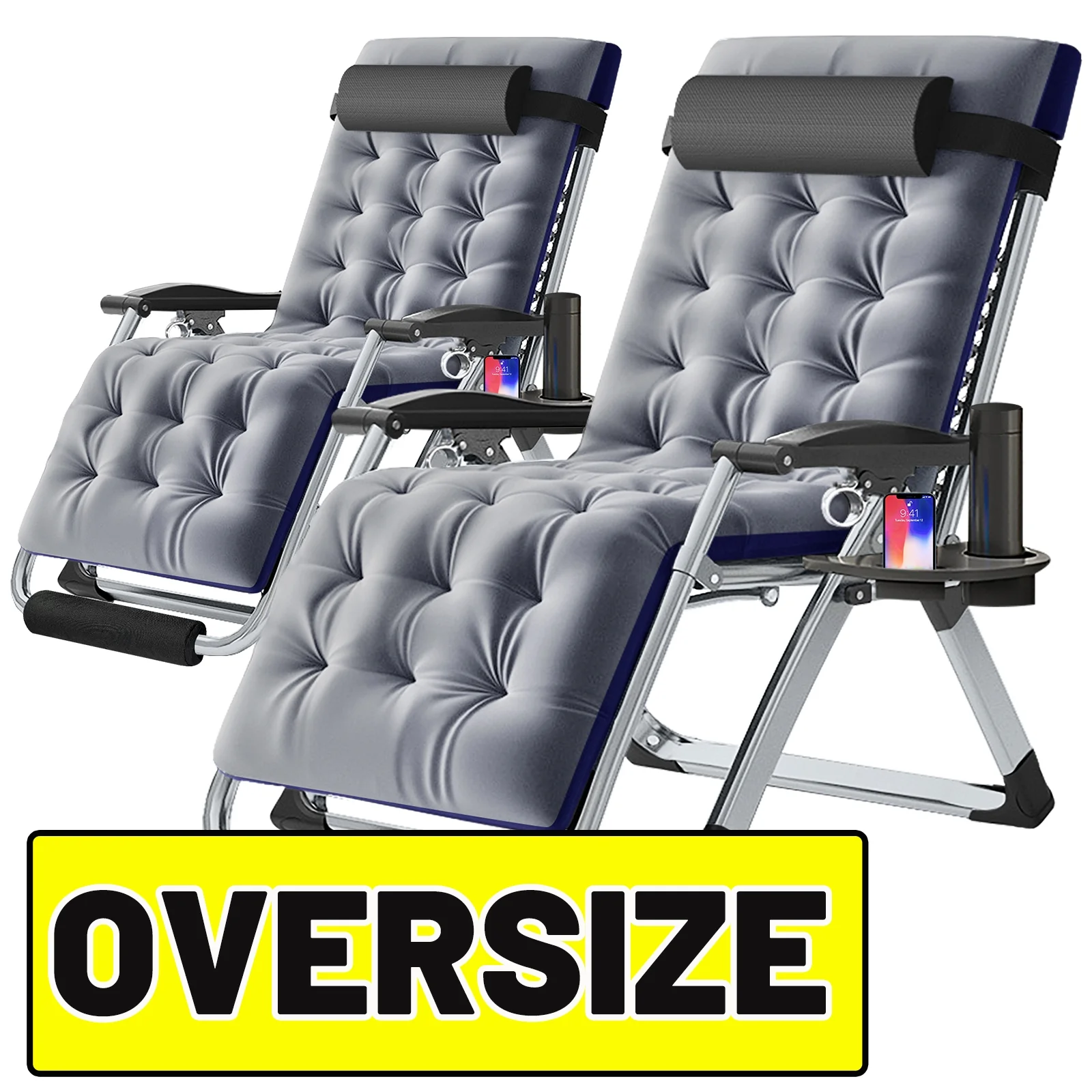 ABORON Oversized XXL Zero Gravity Chairs Set of 2, Folding Recliner Lounge Chair, Portable Chaise with Detachable Soft Cushion, Cup Holder, Headrest