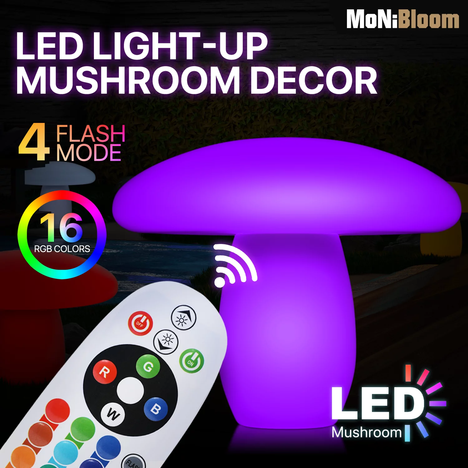 MoNiBloom LED Mushroom Light, Rechargeable & Remote Control Globe Lights 16 RGB Colors Changing Indoor/Outdoor Night Light for Home/Party/Lawn/Desk Decoration, Medium