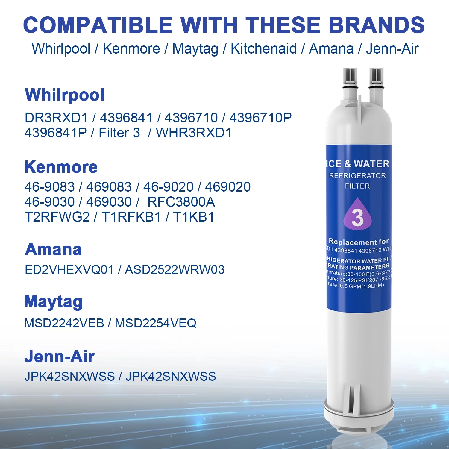 EDR3RXD1 Water Filter 3 Compatible with Ice and Water Refrigerator Filter 4396841 4396710 4396710P 4396841P 9030 9083 46-9083 46-9030 P1RFWB2 P1WB2 P1WB2L T1RFKB1, 2-Pack