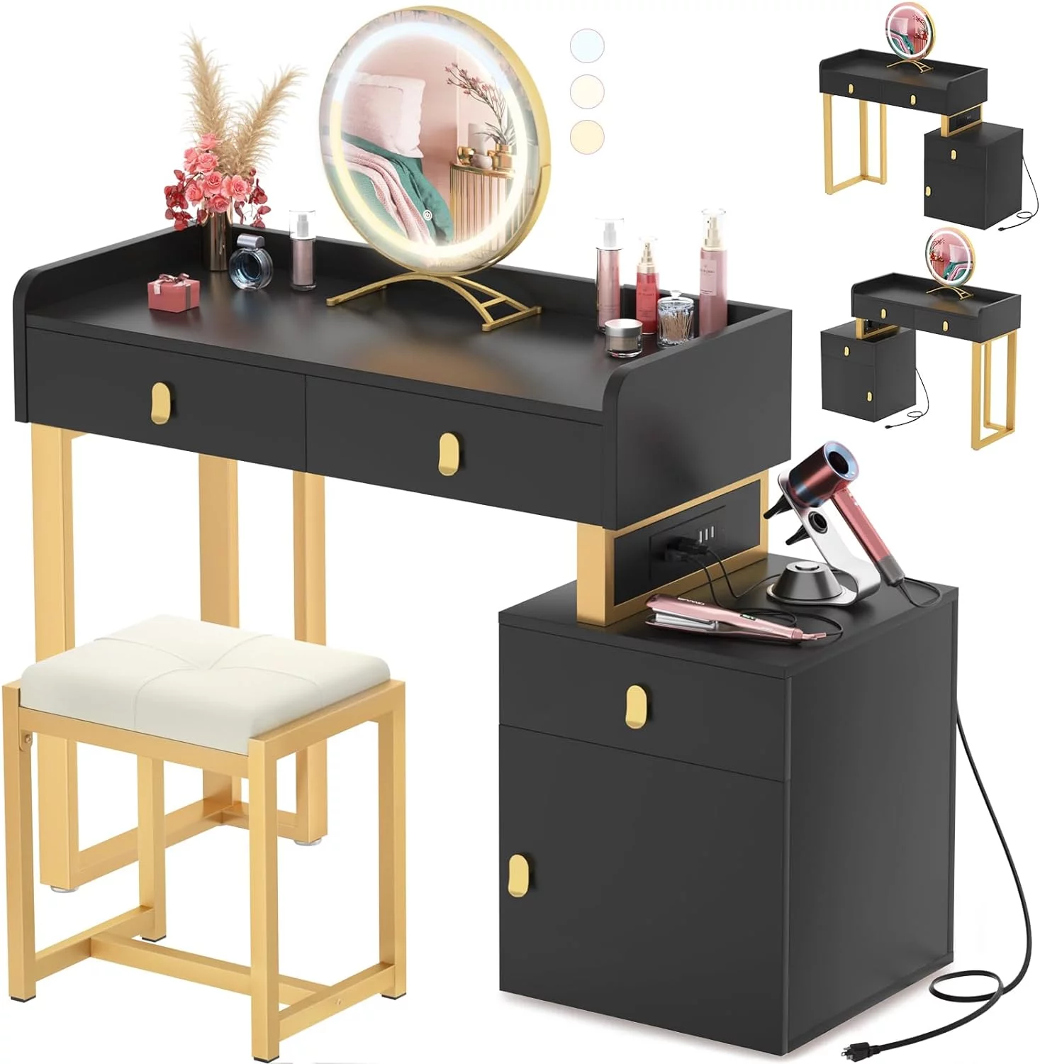 Homieasy Vanity Desk with Lighted Mirror & Power Outlets, 44'' Makeup Vanity Set with 3 Drawers, Vanity Mirror with Lights Desk & Chair, Dressing Table with Reversible Cabinet & Stool, Black